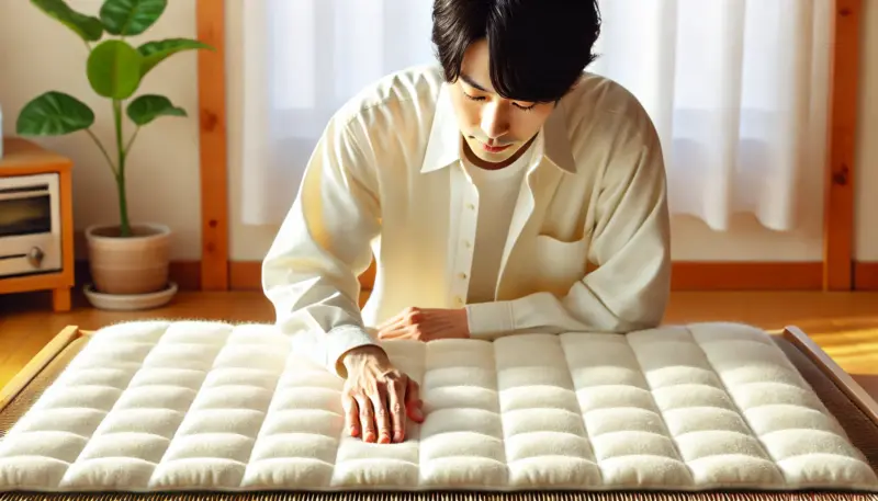 日本人が乾燥後のこたつ布団を両手で押しながら、中に湿気が残っていないかを確認している様子。明るい室内で、感触と重さで乾き具合を見極めている。
