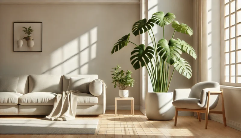 明るい日本のリビングルームに置かれた大型の観葉植物モンステラが、ナチュラルな木製家具や白い陶器鉢と調和している様子の室内インテリア写真