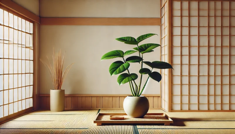 畳と障子に囲まれた日本の和室に、木製トレーに乗せた大型の観葉植物がシンプルな鉢に収まり、美しく和モダンに配置されている様子