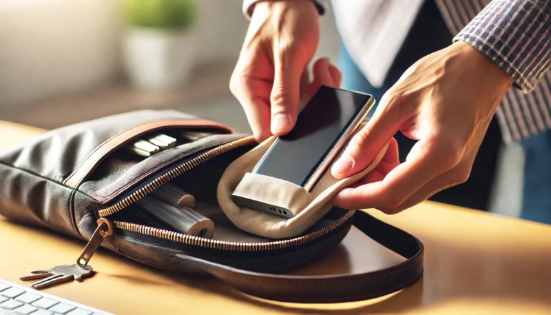 日本人がモバイルバッテリーを柔らかいポーチに入れてバッグへ丁寧に収納している様子。鍵やペットボトルと接触しないよう配慮された収納例。