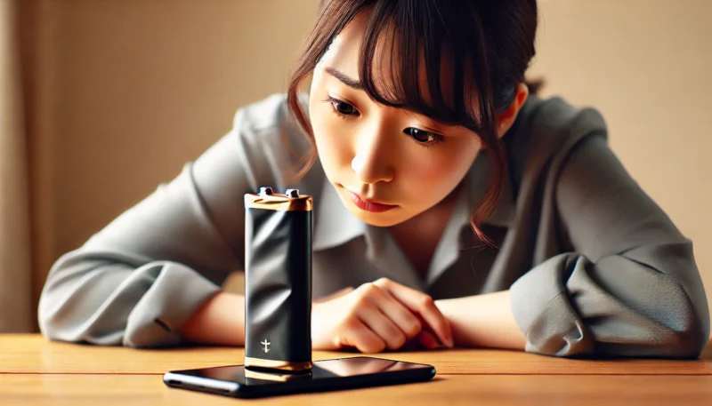 膨張したモバイルバッテリーを机の上で安全な距離から確認する日本人。バッテリーは変形しており、使用停止の必要がある危険な状態を示している。