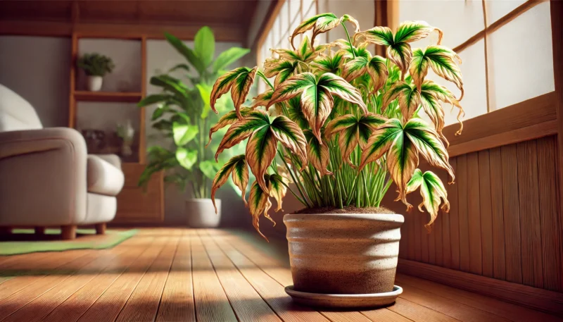 室内に置かれた日本の観葉植物が、土が湿っているにもかかわらず葉先が茶色く枯れ、全体的にしおれて見える様子。リキダスの使いすぎによるストレス症状を示す場面。