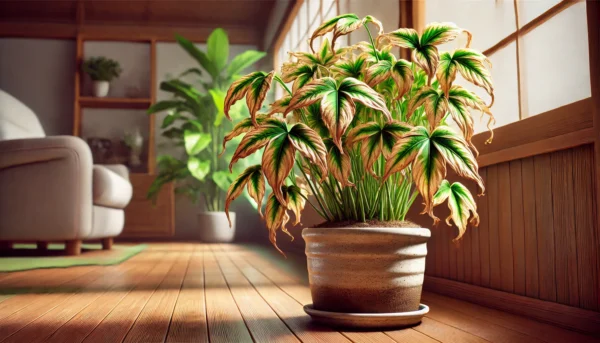 室内に置かれた日本の観葉植物が、土が湿っているにもかかわらず葉先が茶色く枯れ、全体的にしおれて見える様子。リキダスの使いすぎによるストレス症状を示す場面。