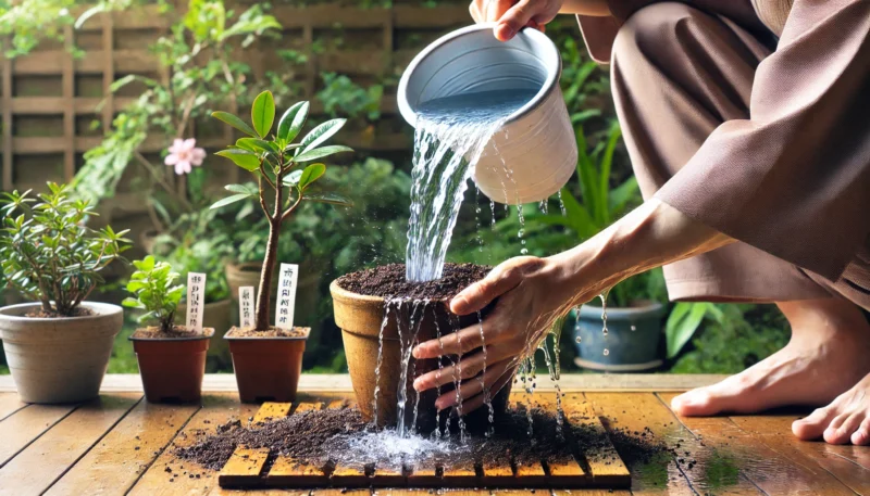 日本人が屋外で鉢植えに大量の水を注ぎ、鉢底から排水している様子。リーチングによって土中の余分な成分を洗い流す作業を視覚的に説明した場面。