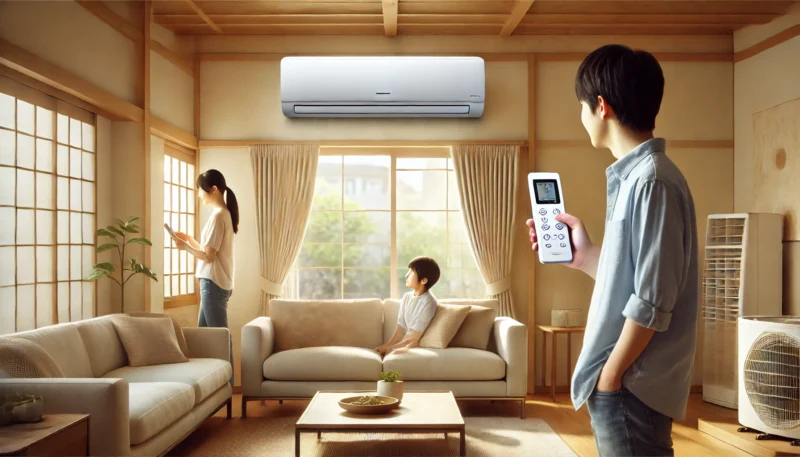日本の明るいリビング。三人家族で男性がエアコンのリモコンを操作している