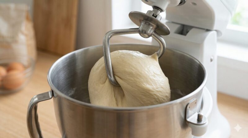 スタンドミキサーのドゥフックが、滑らかで弾力のあるパン生地をこねている様子