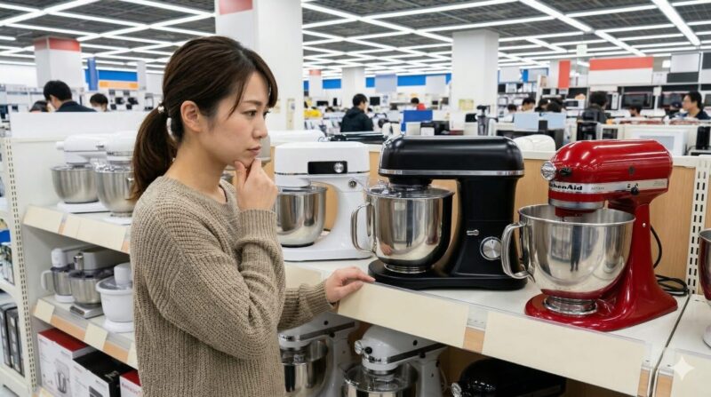 家電量販店、二つのスタンドミキサーを見て悩む女性