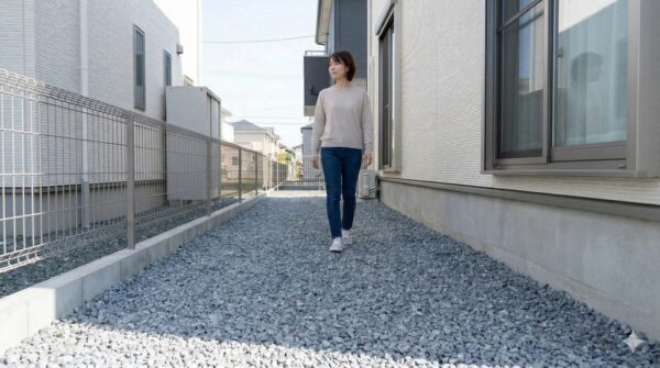 新築一戸建ての犬走りに敷かれたグレーの砕石砂利と、その上を歩く日本人女性。