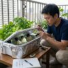 マンションのベランダで、水耕栽培容器の中の根の状態を真剣に観察する日本人男性。容器はアルミホイルで遮光され、藻の発生を防いでいる。毎日の観察と遮光の工夫を示すイメージ。