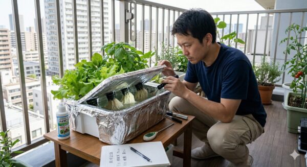 マンションのベランダで、水耕栽培容器の中の根の状態を真剣に観察する日本人男性。容器はアルミホイルで遮光され、藻の発生を防いでいる。毎日の観察と遮光の工夫を示すイメージ。