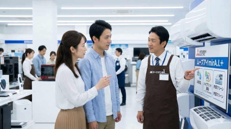 家電量販店の売り場で店員からエアコンの説明を聞く日本人の夫婦