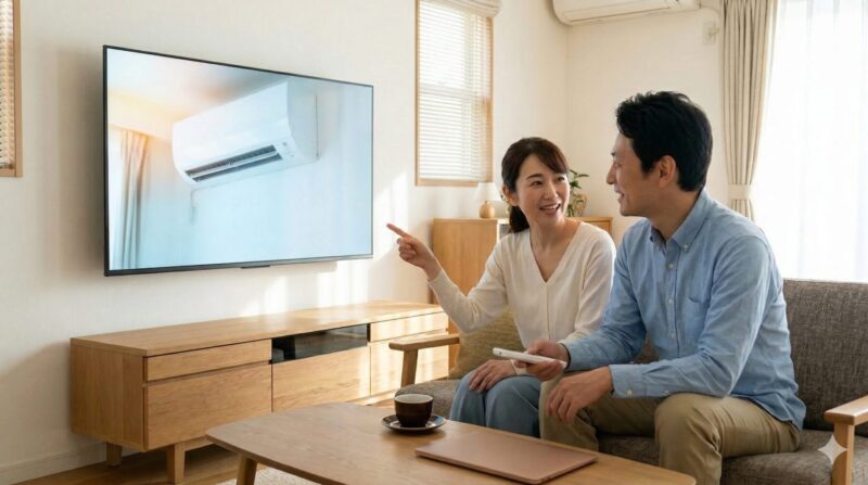 リビングでテレビショッピングのエアコン紹介を見ながらお得さについて相談する日本人の夫婦