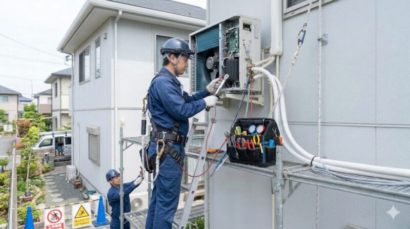 住宅の外壁で高所作業を行うエアコン工事作業員