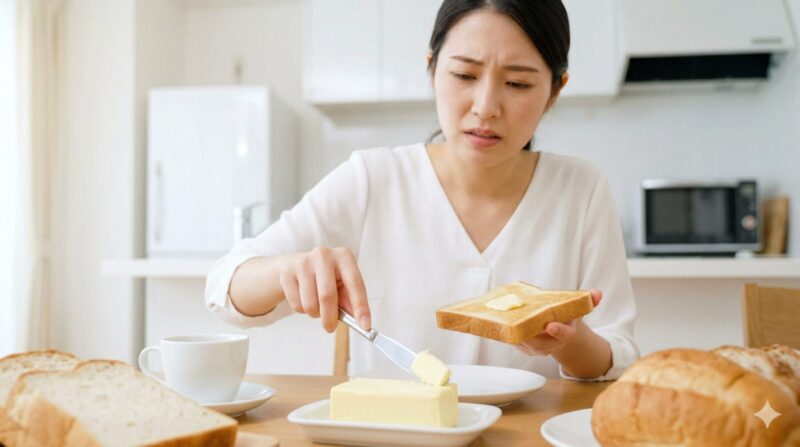 バターや飲料の冷えすぎを防ぐため、冷蔵庫のドアポケットや上段・下段の場所を工夫して配置する日本人の男性