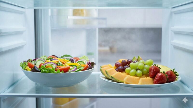 日立のまるごとチルド機能により、ラップをかけずにそのまま保存されたサラダやカットフルーツの鮮度。利便性の視覚化