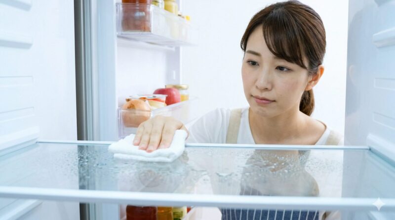 日立のまるごとチルド機能使用時に発生した冷蔵庫内の結露を拭き取る日本人の女性。注意点の視覚化