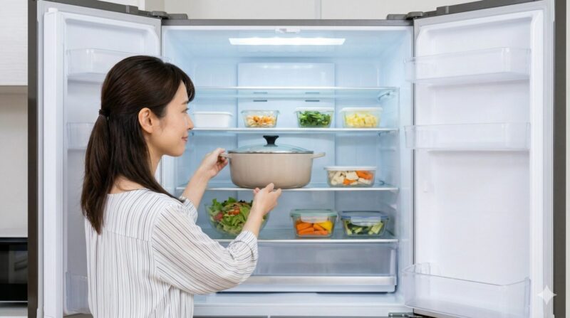日立の冷蔵庫のまるごとチルド機能を活用し、日本人の主婦が鍋やラップなしの食品を冷蔵室全体に自由に収納する様子