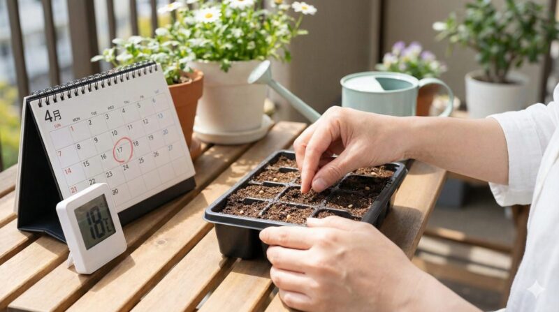栽培ポットに種を売れる女性の手元。カレンダーを見ている