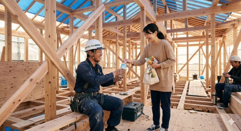 上棟作業の休憩時間に、日本人施主（女性）からペットボトル飲料を笑顔で受け取る日本人大工。木造住宅の骨組みの内部。
