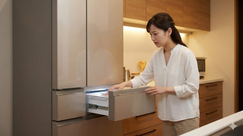 モダンなキッチンで、日本の女性が三菱冷蔵庫の専用「切れちゃう冷凍」引き出しを開け、中の食材を確認しようとしていますが、隣の通常冷凍室と混同しているようで、少し迷った表情を浮かべています。
