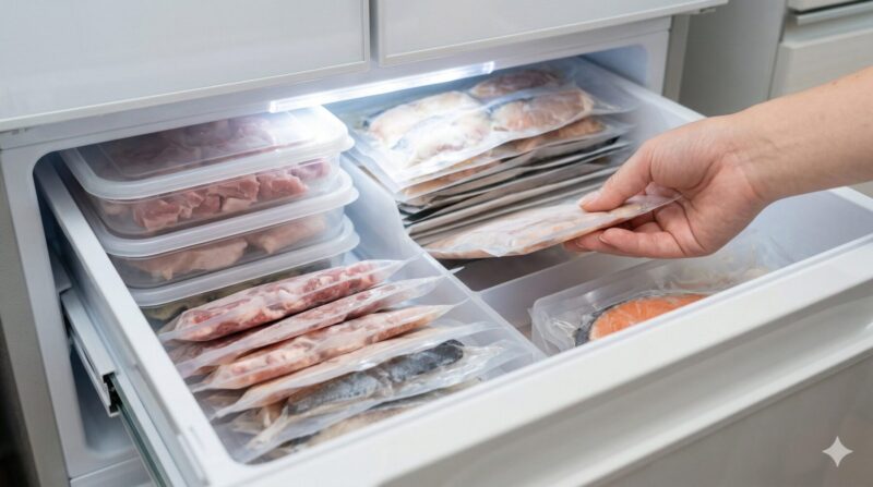 三菱冷蔵庫の「切れちゃう冷凍」 drawerの内部。整理整頓され、薄切りの肉や魚、作り置きのパックが、重なりすぎずに平らに並べられています。LED照明で明るく照らされ、効率的な収納が伺えます。