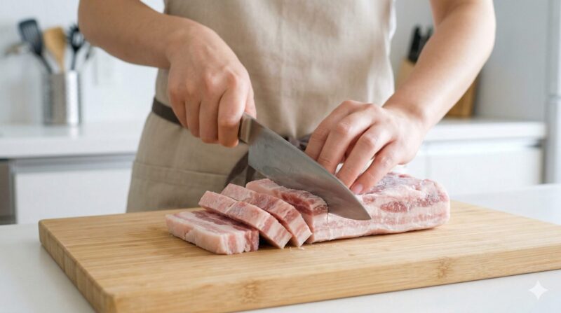 日本のモダンなキッチンで、アジア人女性が切れ味の良いステンレス包丁を使い、三菱冷蔵庫の「切れちゃう冷凍」で保存していた半冷凍状態のブロック肉をスムーズにスライスしている様子。食材は凍っていますが、力を入れずに均一に切れています。