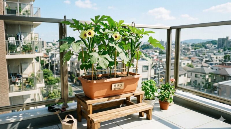 明るいベランダで、鉢スタンドに置かれたオクラのプランター。床からの照り返しを防ぎ、日当たりを確保している。