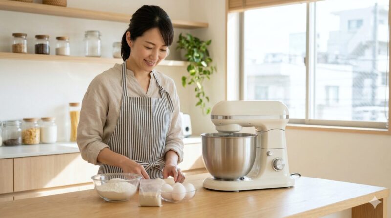 家庭の明るいキッチンで、食材の準備をする女性と清潔なスタンドミキサー。