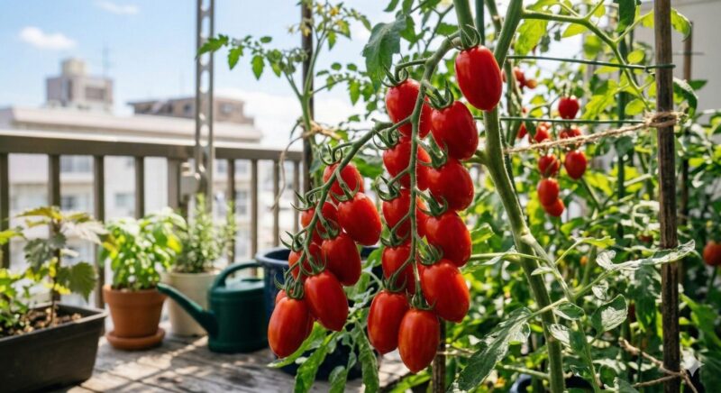 明るい太陽の下で、完熟した赤色のプラム型ミニトマトの房が、緑色の茎から垂れ下がっている様子。ヘタの近くまで濃い赤色に色づいている。