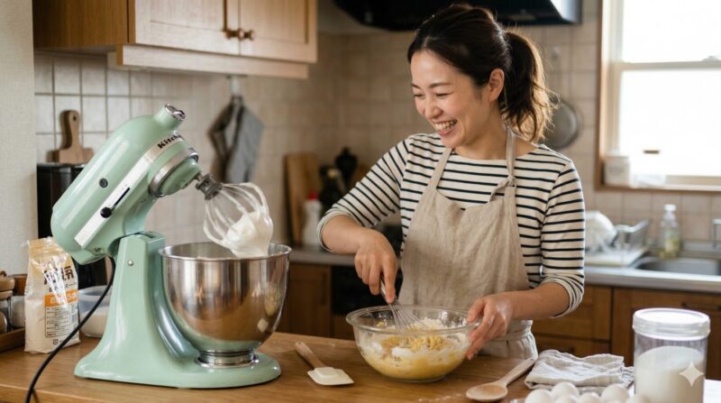 キッチンエイド風のスタンドミキサーがメレンゲを自動で泡立てている横で、別のボウルで作業を笑顔で進める日本人女性。作業効率化のメリット。