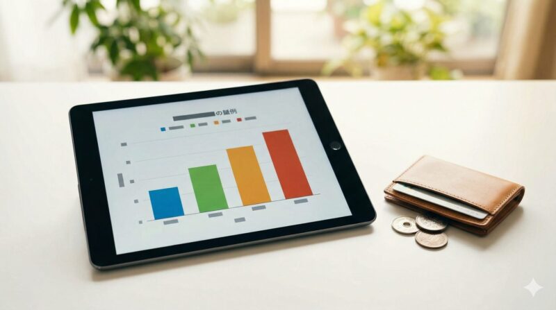 デスク上のタブレットに表示された、PS5の価格比較グラフと傍らに置かれた小銭。