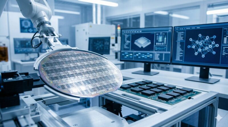 半導体製造工場内で、複雑な基盤とシリコンウエハー、高性能メモリチップを扱う様子。AI需要による価格高騰の背景。