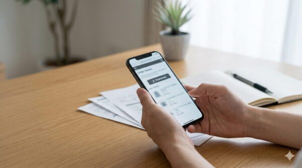 デスク上で、日本人の手がスマートフォンを操作し、Amazonの注文履歴から領収書PDFをダウンロードしようとしている様子。