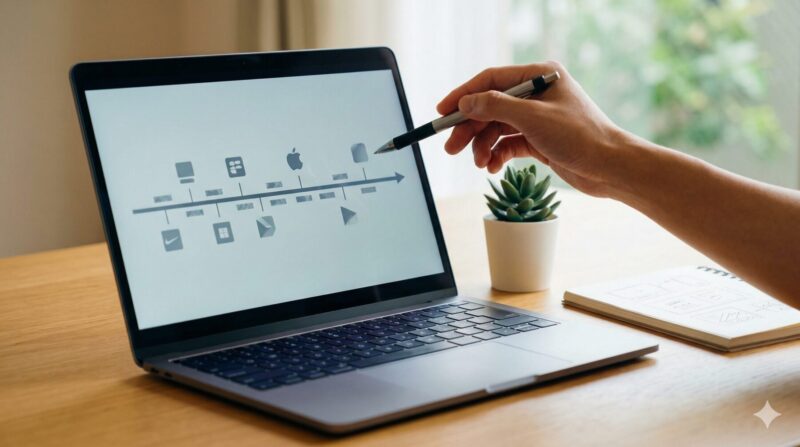 デスク上のノートパソコンに表示された、PSシリーズの発売時期