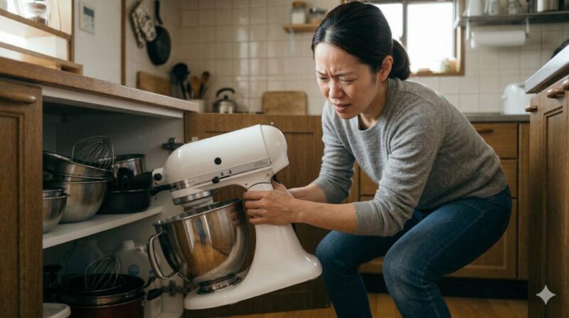 日本のキッチンで、30代の女性が、低い木製戸棚から、重い白いスタンドミキサーを腰をかがめて取り出そうとしている。出し入れの困難さと身体的な負担を表現。