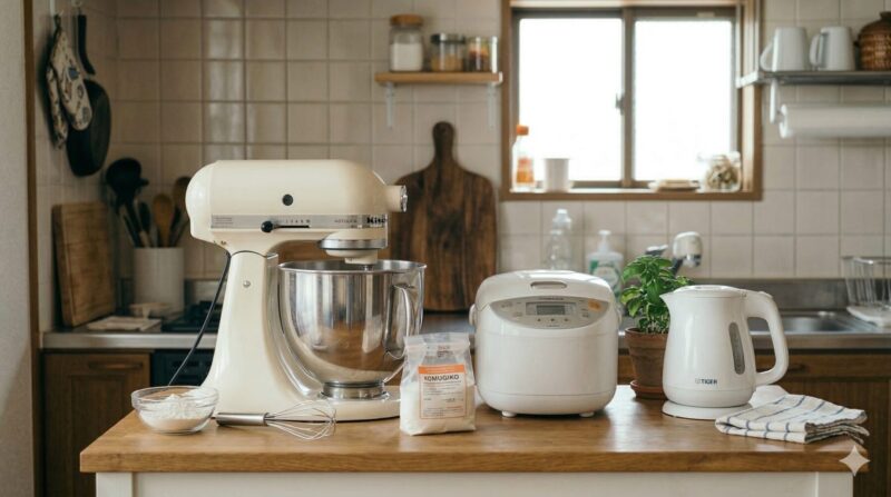 日本のコンパクトなキッチンカウンターに置かれたキッチンエイドに似ているスタンドミキサー。炊飯器や電気ケトルとのサイズ感を比較。