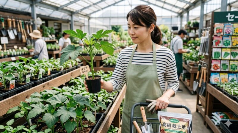 園芸店で、日本人の女性がオクラの健康な苗を選んでいる様子。茎が太く、葉の色が濃い苗を手に取っている。
