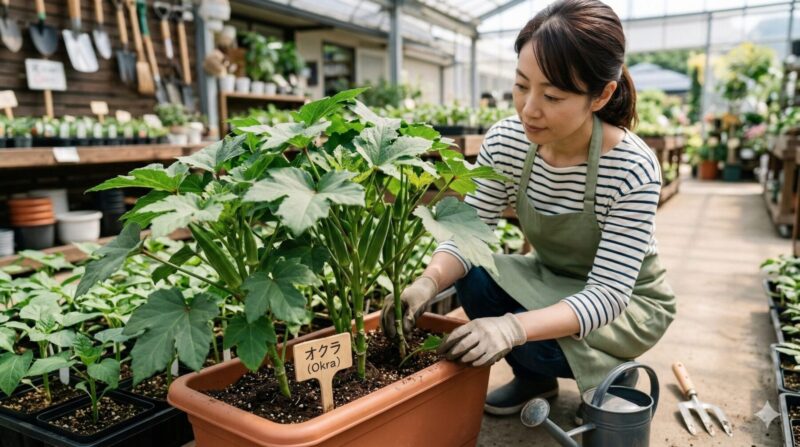 深め(30cm)のプランターに、3本のオクラの苗がまとめて密植栽培されている様子。日本人の女性が手入れをしている。
