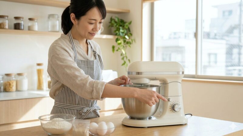 明るいキッチンで、スタンドミキサーの速度調整ダイヤルを操作する日本人女性。