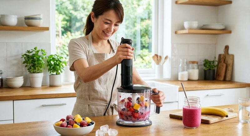 明るいキッチンで、ブラウンのハンドブレンダーのチョッパーアタッチメント（アイスカッター装着）を使い、氷と冷凍フルーツを粉砕してスムージーを作る様子。
