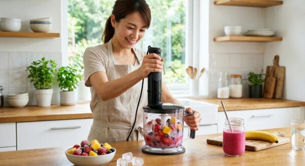 明るいキッチンで、ブラウンのハンドブレンダーのチョッパーアタッチメント（アイスカッター装着）を使い、氷と冷凍フルーツを粉砕してスムージーを作る様子。