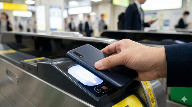 明るい日本の駅改札口で、アジア人男性の手がarrows we2 f 52eのスマートフォンをタッチして決済(おサイフケータイ)を行う瞬間。日常の利便性を強調している。