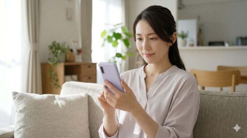 太陽光が差し込む日本のリビングルームで、arrows we2 f 52eのスマートフォンを手に持ち、じっくりと性能を確認するアジア人女性の様子。シンプルで実用的なデザインが際立っている