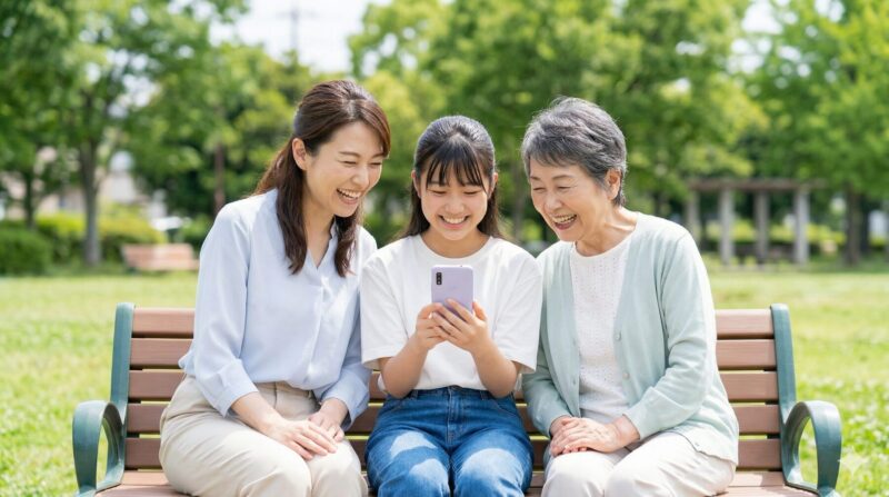 太陽光が差し込む日本の公園の芝生で、アジア人家族(母親、10代の娘、祖母)が3世代でarrows we2 f 52eのスマートフォンを囲んで楽しそうに笑いながら覗き込んでいる様子。信頼性と共有ツールとしての役割を強調している。