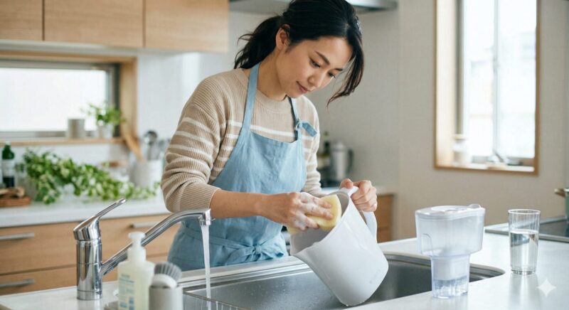 日本人女性がキッチンのシンクでブリタ浄水ポットの本体と水受け部をやわらかいスポンジで丁寧に洗っている様子。清潔感のある、正しいお手入れのイメージ。