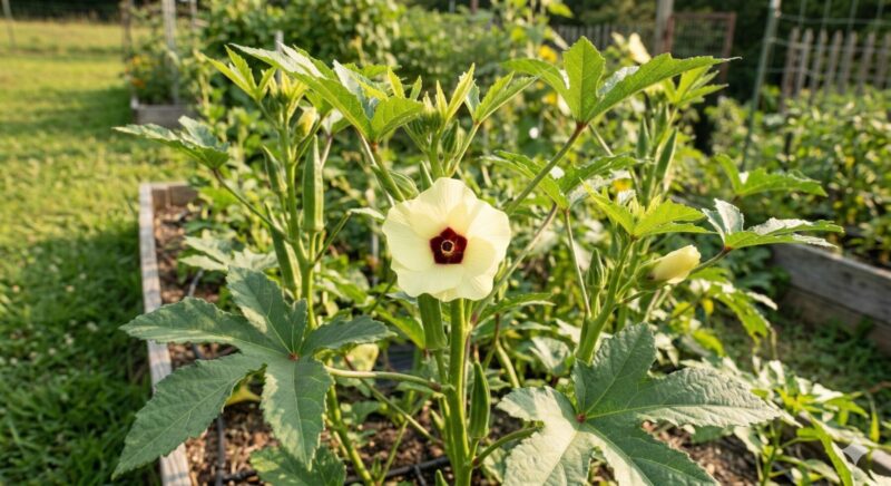庭で栽培されているオクラ、淡い黄色い花が咲いている
