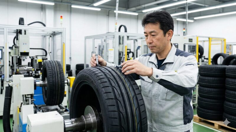 日本のタイヤ工場で熟練工がダンロップDIREZZA DZ102のトレッドパターンを検査する様子