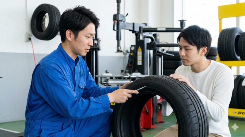 日本のカー用品店で店員が顧客にダンロップDIREZZA DZ102の製造年週刻印を説明する様子