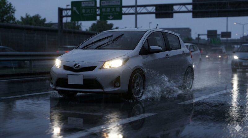 雨の日の日本の高速道路を安定して走行する日本車とダンロップDIREZZA DZ102タイヤ
