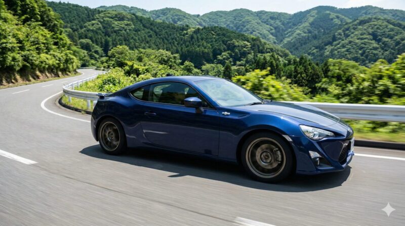 日本のワインディングロードを軽快に走るスポーツクーペとダンロップDIREZZA DZ102タイヤ